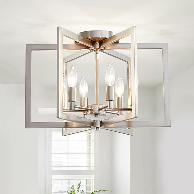 Brushed Nickel Ceiling Light, 20 Inch Chandelier for Dining Room Geometric Metal Modern Chandelier Light Fixture for Kitchen Island Living Room Entryway, 6-Light