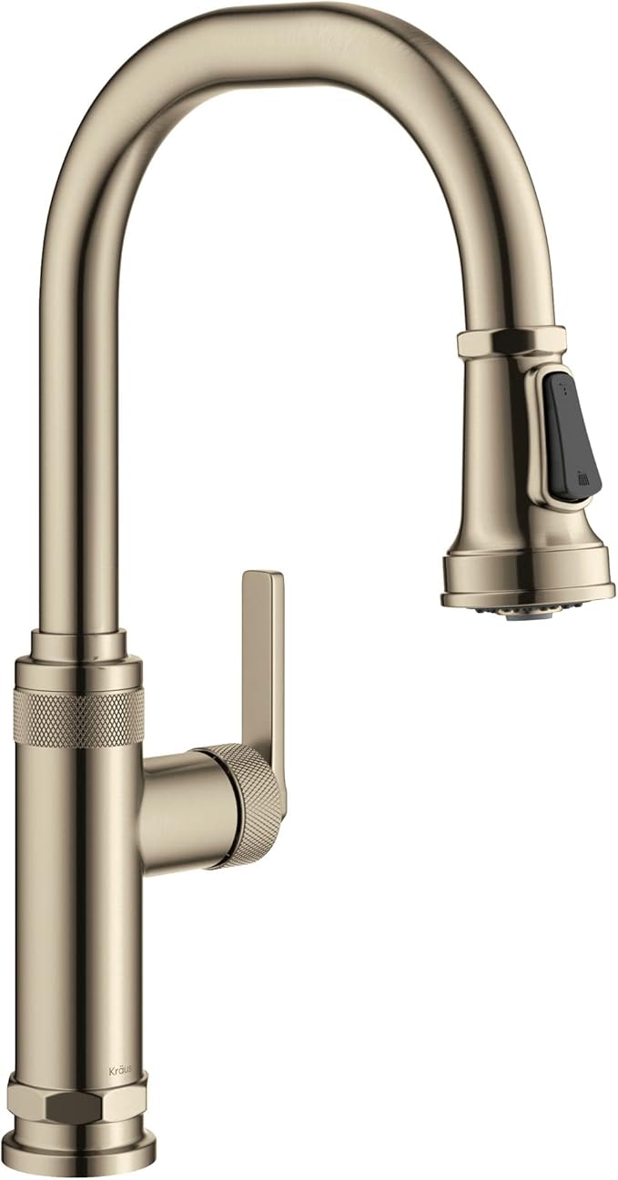 KRAUS Allyn Industrial Pull-Down Single Handle Kitchen Faucet in Spot-Free Antique Champagne Bronze, KPF-4102SFACB