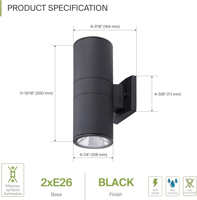 ASD 2 Light Outdoor Wall Light Fixture | 120W E26 Bulb Socket 120V ETL Cylinder Up Down Lights | LED/CFL/Incandescent Bulb Exterior Wall Sconce | Front Door, Porch, Patio Lighting | Black, 6 Pack