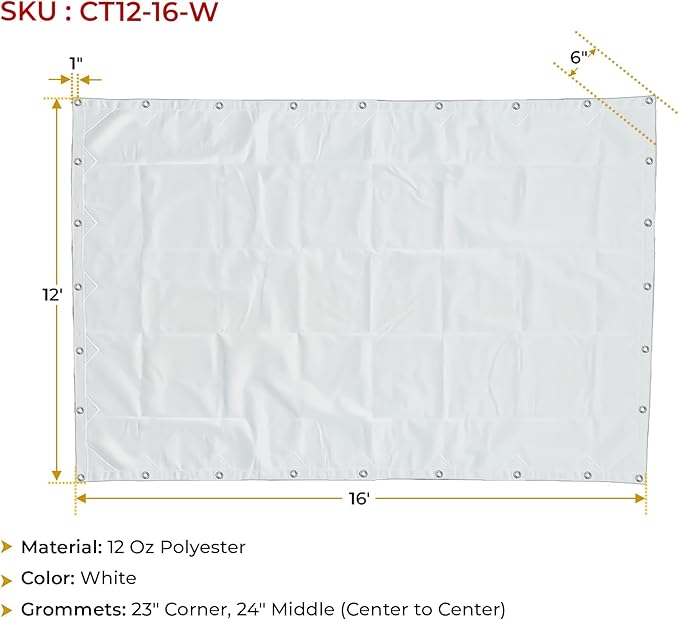 Mytee Products 12' x 16' White Canvas Tarp 12oz - Water Resistant & Breathable - Heavy Duty Tarps - Multipurpose Tarpaulin Cover for Camping Tent