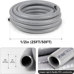 1/2inch 50ft Liquid-Tight Conduit and Connector Kit,Flexible Non Metallic Liquid Tight Electrical Conduit Kit with 5 Straight and 3 90-Degree Connector Fittings,1/2 in. Dia