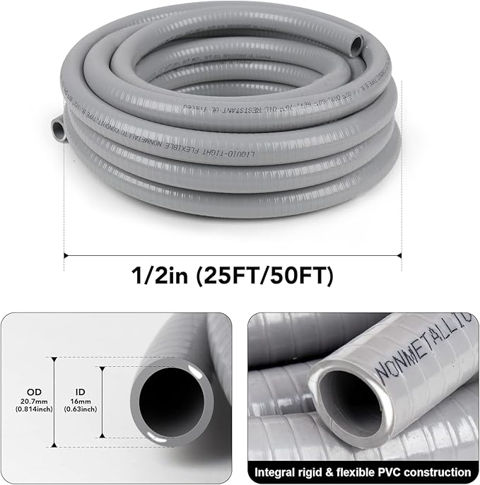 1/2inch 100ft Liquid-Tight Conduit and Connector Kit,Flexible Non-Metallic Liquid Tight Electrical Conduit Kit with 5 Straight and 3 90-Degree Connector Fittings,1/2 in. Dia