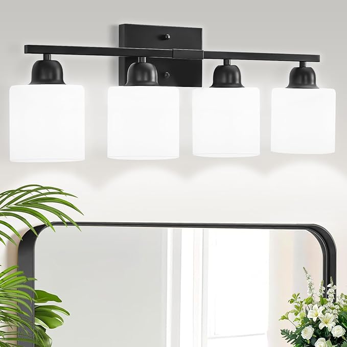 Bathroom Light Fixtures, 4-Light Modern Vanity Light with Milky White Frosted Glass Shades, E26 Socket Wall Lamp, Bathroom Lighting Fixtures Over Mirror Bedroom, Dressing Room (Matte Black, 4-Light)