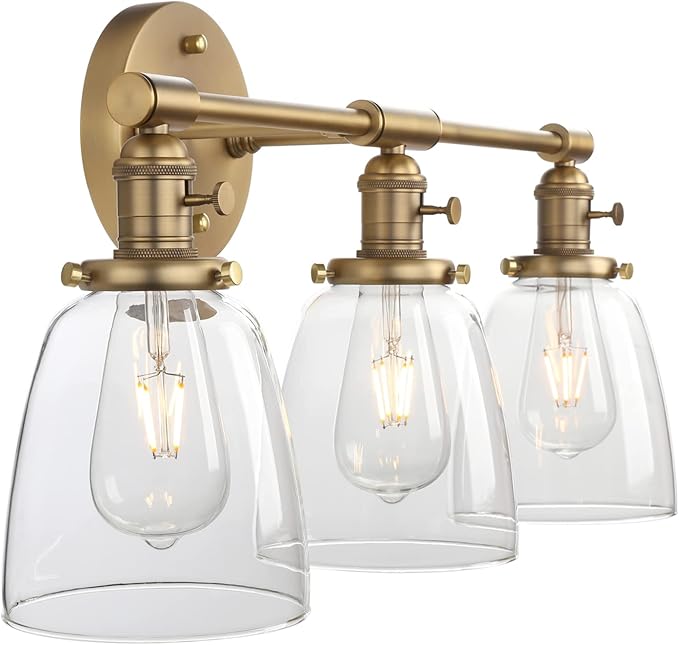 Phansthy 3-Light Wall Sconces Antique Brass Vanity Light, Industrial Wall Lamps with On Off Switch and Clear Glass Lampshade, Vintage Wall Lighting for Bathroom Living Room (Antique, Bell Shade)