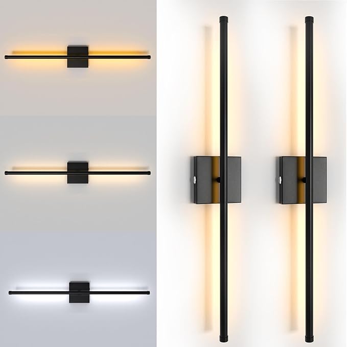 Wall Sconces Set of Two Battery Operated, Cordless Rechargeable Wall Sconces with Remote Control, Dimmable, 360°, 28 Inch, 3 Color, 3000K-6000K, Wall Light for Bedroom, Living Room, Hallway