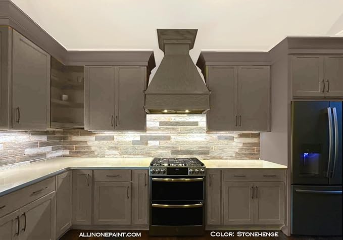 ALL-IN-ONE Paint, Durable cabinet and furniture paint. Built in primer and top coat, no sanding needed. Includes our 30 featured color card - Stonehenge (mid-tone greige), 8oz Sample