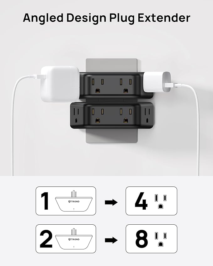 TROND Outlet Extender Surge Protector 2 Pack - Multi Plug Wall Outlet with 4 Grounded Sockets, Angled Wall Plug Splitter, 900J, Multiple Adapter for Home Office Travel Dorm Room, Black