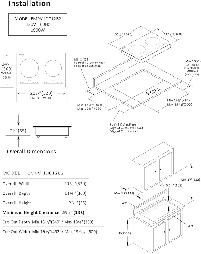 Empava IDC12B2 Horizontal Electric Stove Induction Cooktop with 2 Burners in Black Vitro Ceramic Smooth Surface Glass 120V, 12 Inch