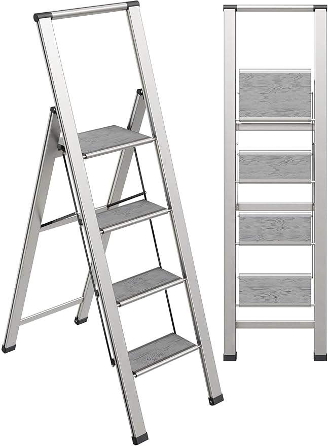 Step Ladder 4 Step Folding, Decorative - Beautiful Gray Wood & Silver Aluminum, Ultra Slim Profile, Anti Slip Steps, Sturdy-Portable for Home, Office, Kitchen, Photography Use,by SORFEY
