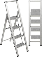 Step Ladder 4 Step Folding, Decorative - Beautiful Gray Wood & Silver Aluminum, Ultra Slim Profile, Anti Slip Steps, Sturdy-Portable for Home, Office, Kitchen, Photography Use,by SORFEY