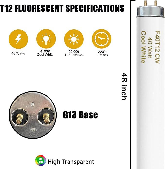 T12 48 Inches 40 Watt Fluorescent Tube, F40T12/841 Light Bulb, 4 Foot T12 Fluorescent Light Bulb, 4100K Cool White, F40T12/CW, 3250 Lumens, G13 Bi-Pin Base, 12 Pack