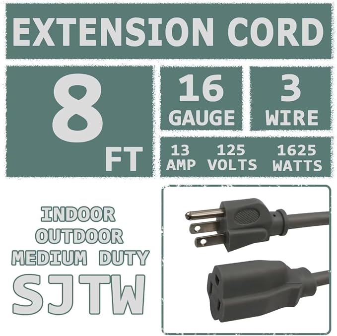Indoor Outdoor Extension Cord 8 FT Waterproof, 16/3 Gauge Heavy Duty Gray Extension Cords, 13A 1625W SJTW Extension Cord with 3 Prong Grounded Plug, Great for Tools, Lights, UL Listed.