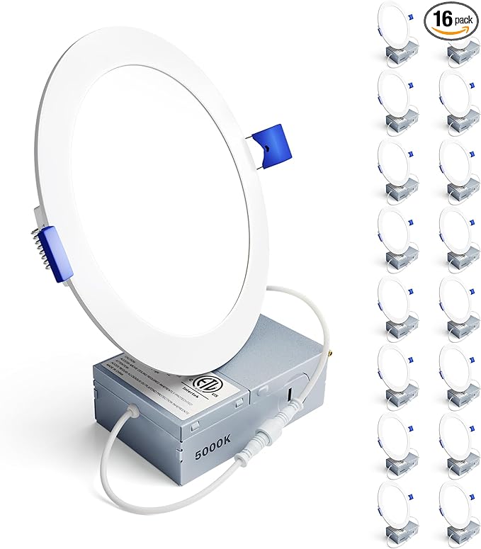 Ensenior 16 Pack 6 Inch LED Recessed Ceiling Light, Dimmable, 5000K Daylight, 1050LM 12W 120V, High Brightness Canless Wafer Downlight - ETL&FCC&IC