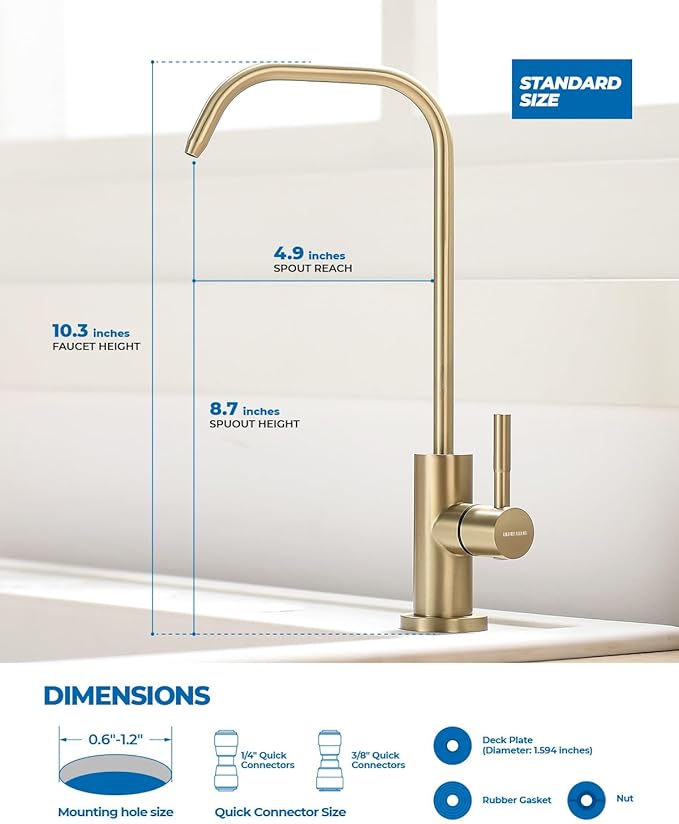 WEWE Drinking Water Faucet, Lead-Free Kitchen Water Filter Faucet for Reverse Osmosis or Water Filtration System, RO Faucet, Gold