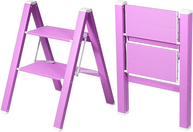 2 Step Lightweight Folding Ladder for Home, 330lbs Aluminum Step Ladder Anti-Slip for Kitchen, Step Stool Foldable Adults for Closet, 330lbs - Light Purple