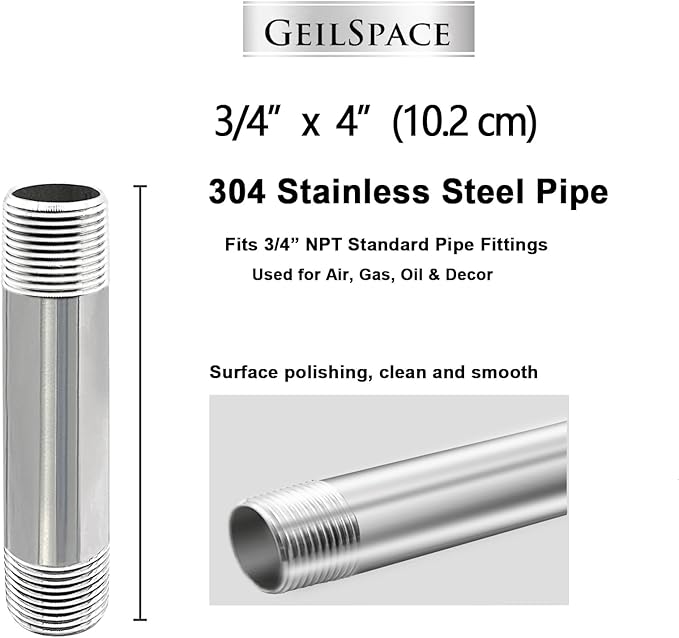 GeilSpace 3/4" x 4" Stainless Steel Pipe, 304 Pipe Nipple Fits Standard 3/4 Inch Threaded Pipes and Fittings, DIY Industrial Metal tube (2 PCS)