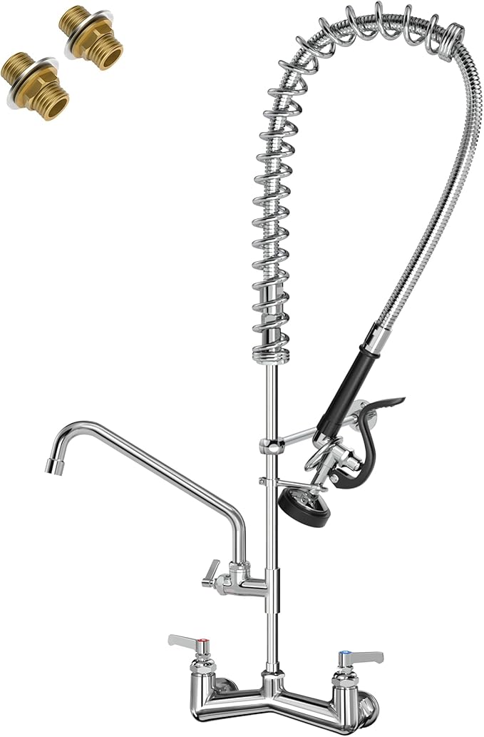 Commercial Sink Faucet Wall Mount with Pre Rinse Sprayer 8 inch Center Wall Mount Kitchen Sink Faucet 36" Height with 12" Add-on Swing Spout for 1/2/3 Compartment Sink-Round Sprayer