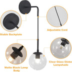 KCO Lighting Black Globe Wall Sconce Set of 2 Mid Century Modern Wall Light with Clear Glass Shade Vintage Adjustable Wall Lamp for Bathroom Mirror Bedside Stairs (Clear)