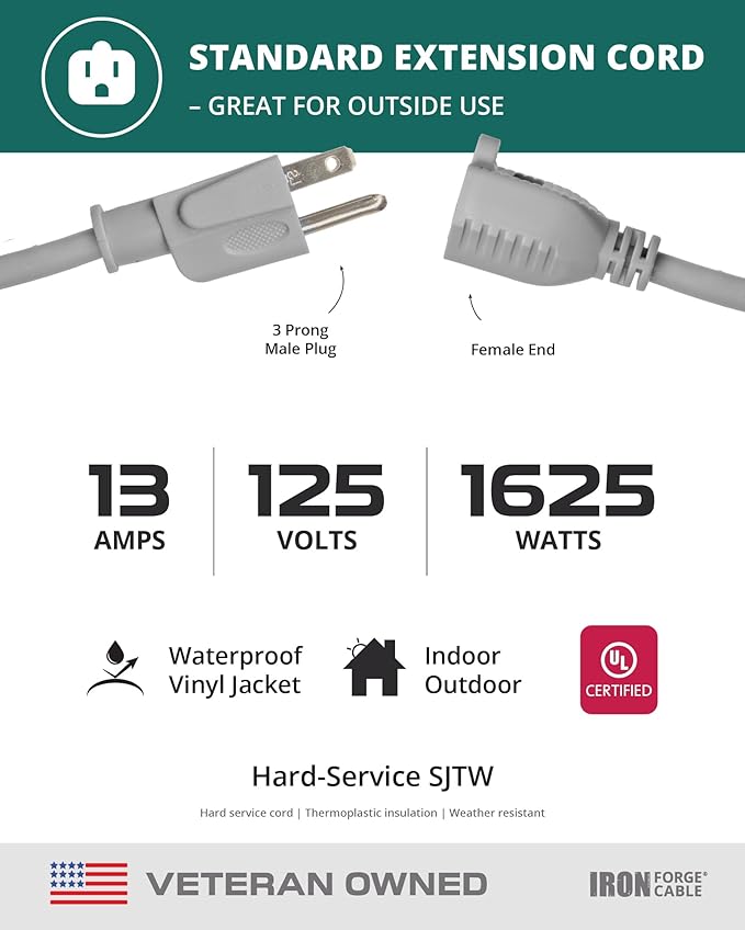 Iron Forge Cable Gray Outdoor Extension Cord 10 ft, 16/3 SJTW 10 Foot Grey 3 Prong Extension Cord Outdoor & Indoor, Weatherproof 13 Amp Heavy Duty Power Cable