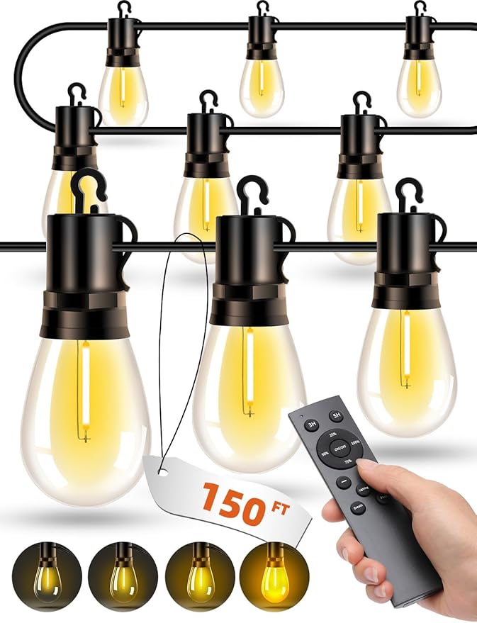Outdoor Patio String Lights: S14 Shatterproof Bulb Outside Waterproof Light - 150Ft 45M Remote Dimmable Connectable Hanging Outdoor Electric Lighting - Garden Backyard Yard Gazebo Porch Party