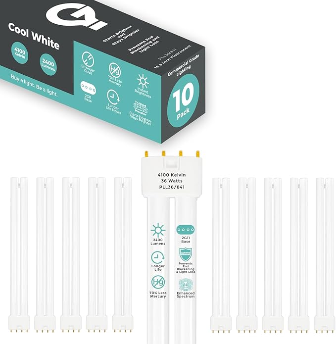 GoodBulb PLL36/841 36W 16.5" Twin Tube Compact Fluorescent Light Bulb 4-pin 2G11 Base 4100K Cool White 2400 Lumen 36000 Hour Long Life Biax Pack of 10
