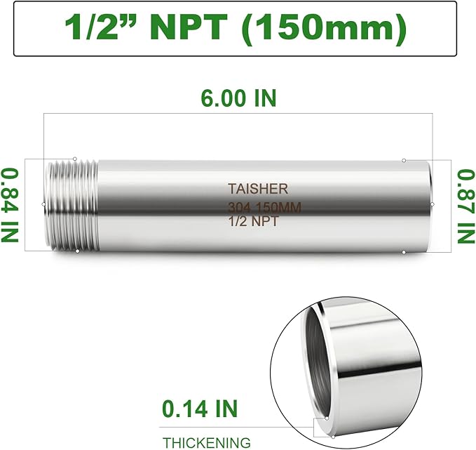 TAISHER 2PCS 304 Stainless Steel Pipe Fittings, 1/2" NPT Male Threaded, 6" Length Weld Nipple Cast Pipe
