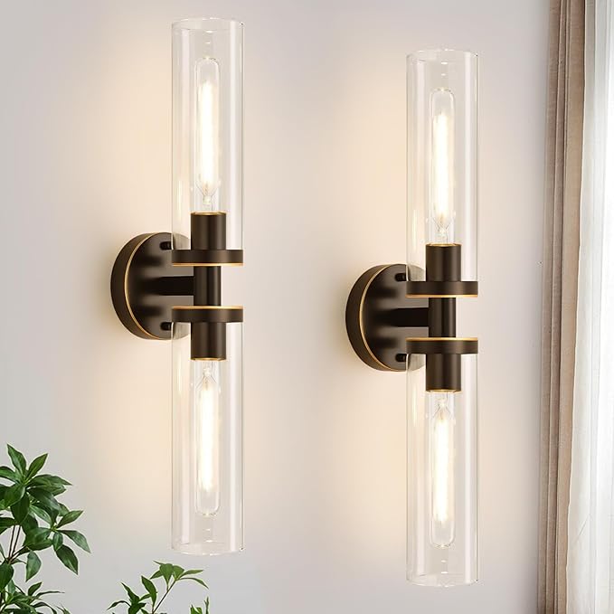 Wall Sconces Set of Two, Hardwired Brown Bathroom Sconces Wall Lighting with Clear Glass, Modern Sconces Wall Decor Set of 2 Bathroom Light fixtures for Mirror Hallway (Bulbs Not Included)