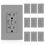 ELEGRP USB Outlets Receptacles, 3-Port Wall Outlet, 30W 6.0A Electrical Outlet, 15 Amp Tamper-Resistant Outlet with Type C Ports, UL Listed, Wall Plate Included, 10 Pack, Matte Gray