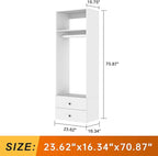 Modular Closet System: Wall Mounted Garment Rack Walk-in Closet System with Hangingrod Built in Clothes Storage with 2 Drawers for Bedroom White 23.62''L x 16.34''W x 70.87''H