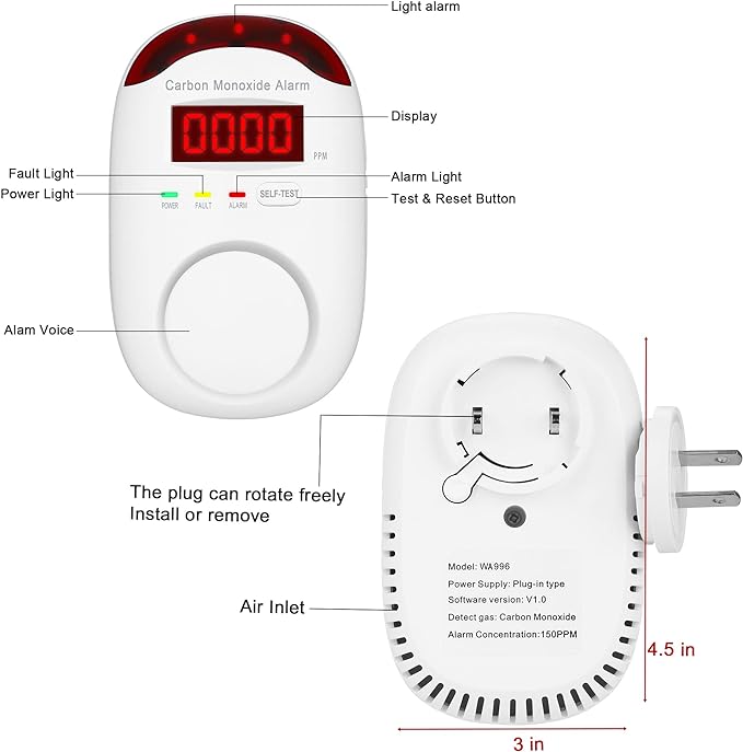 Plug-in Carbon Monoxide Detectors,Koabbit CO Level Monitoring Alarm with Light & Digital Display for Home/Kitchen/Bedroom,Accurate & Easy to Install(2 Pack)