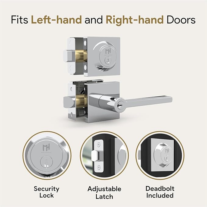 Mega Handles Prime Entrance Combo, Entry Lever Door Handle and Single Cylinder Deadbolt Lock and Key Combo, Heavy Duty Square Locking Door Levers Set for Left or Right-Handed Doors - Polished Chrome