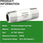 TAISHER 2PCS Stainless Steel Pipe Fittings, 1/2" NPT Male x 1/2" NPT Male Threaded, 2" Length Thickened Nipple Cast Pipe