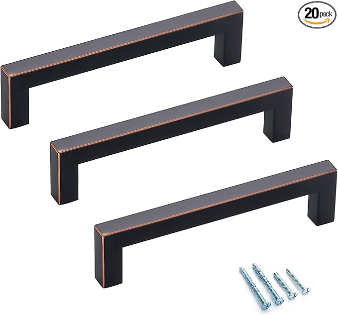 20 Pack Oil Rubbed Bronze Cabinet Handles 5 Inch Square Drawer Pulls Black Cabinet Pulls with Bronze Edge Cupboard Handles Modern Stainless Steel Kitchen Cabinet Hardware