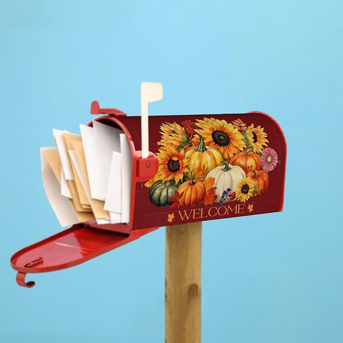 Autumn Pumpkin Thanksgiving Mailbox Cover Magnetic Fall Sunflower Maple Leaf Mailbox Cover Standard Size 21 x 18 Inch Farmhouse Rustic Welcome Post Box Cover Wraps Garden Yard Home Decor for Outdoor