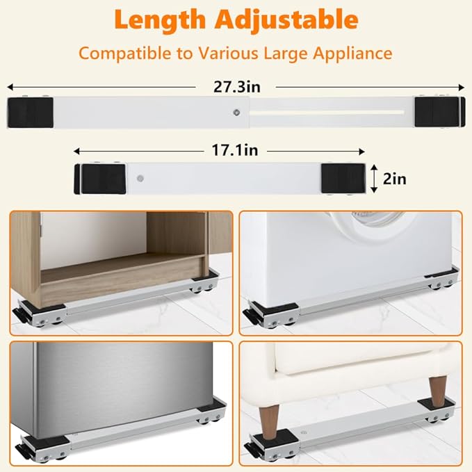 LUCKUP Heavy Duty Appliance Rollers, Extendable Washing Machine Stand Furniture Rollers Mobile Fridge Base Furniture Sliders for Refrigerators Washer and Dryer Support 660 lbs, White