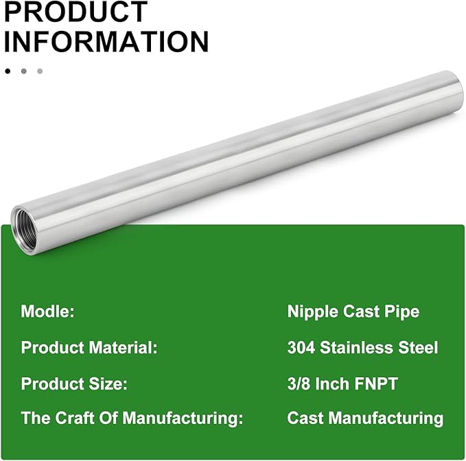 TAISHER 2PCS Stainless Steel Pipe Fittings, 3/8" NPT x 3/8" NPT Female Threaded, 12" Length Nipple Cast Pipe