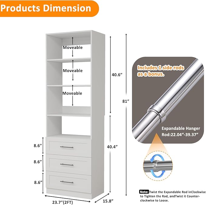 Closet System with Drawers, Wood Closet Organizer System with Adjustable Shelves and Extra Hanging Rod, 81"Tall Closet System for Small Closets, Modular Walk-in Closet System, White (2FT)