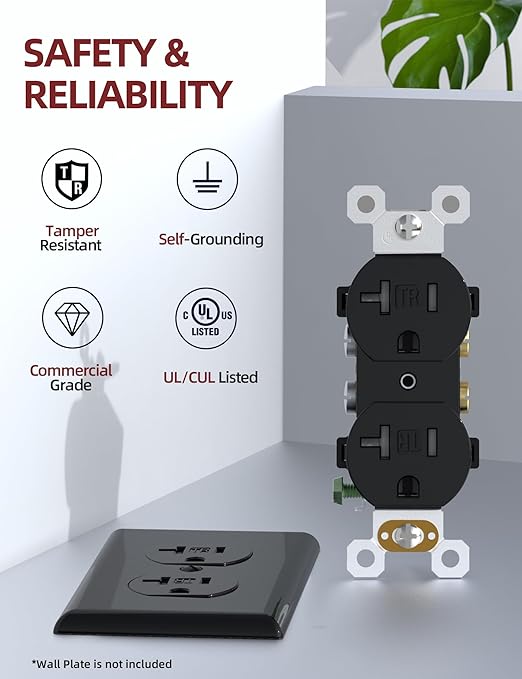 AIDA 20 Amps Outlets Duplex Electrical Receptacle Outlets,Tamper Resistant,Heavy-Duty Receptacle Wall Outlet,Residential,TR,3-Wire, Self-Grounding Clip, NEMA 5-20R,UL Listed (20 Pack, Black