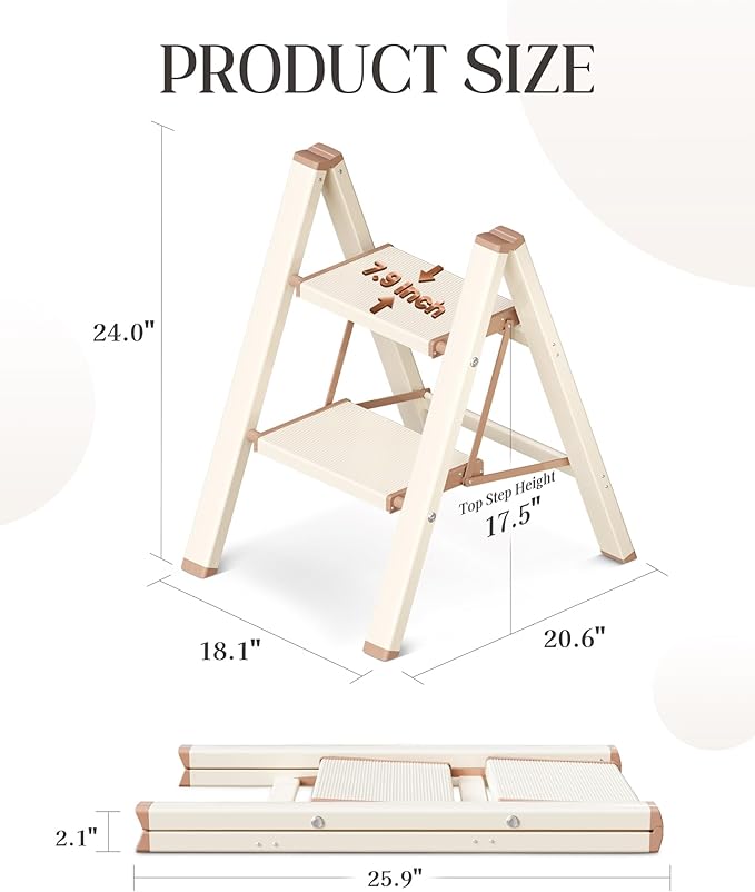 GameGem 2 Step Ladder, Aluminum Folding Step Stool with Anti-Slip Sturdy and Wide Pedal, Lightweight Portable Multi-Use Stepladder for Home and Kitchen Use Space Saving, 330 lbs, Chocolate White