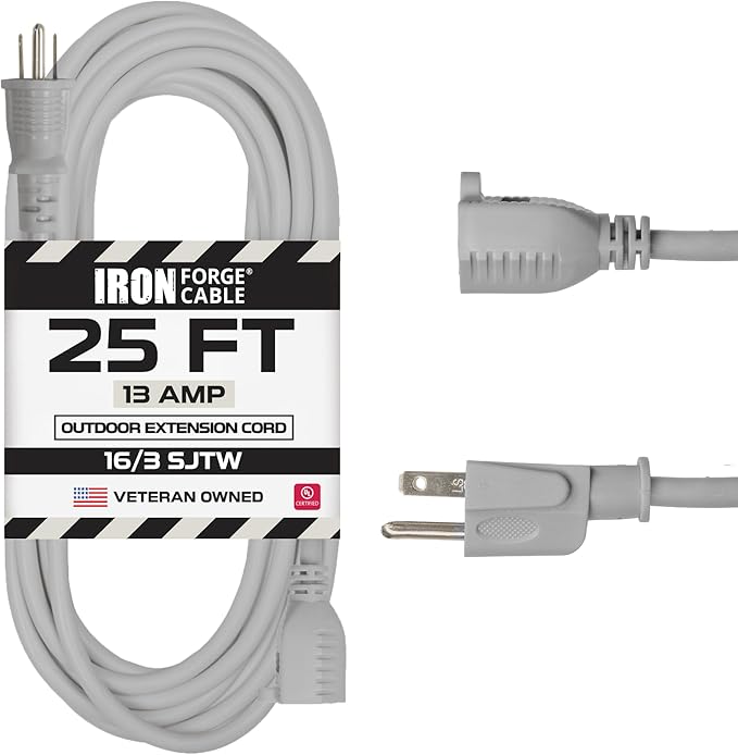 Iron Forge Cable Gray Outdoor Extension Cord 25 ft, 16/3 SJTW 25 Foot Grey 3 Prong Extension Cord Outdoor & Indoor, Weatherproof 13 Amp Heavy Duty Power Cable