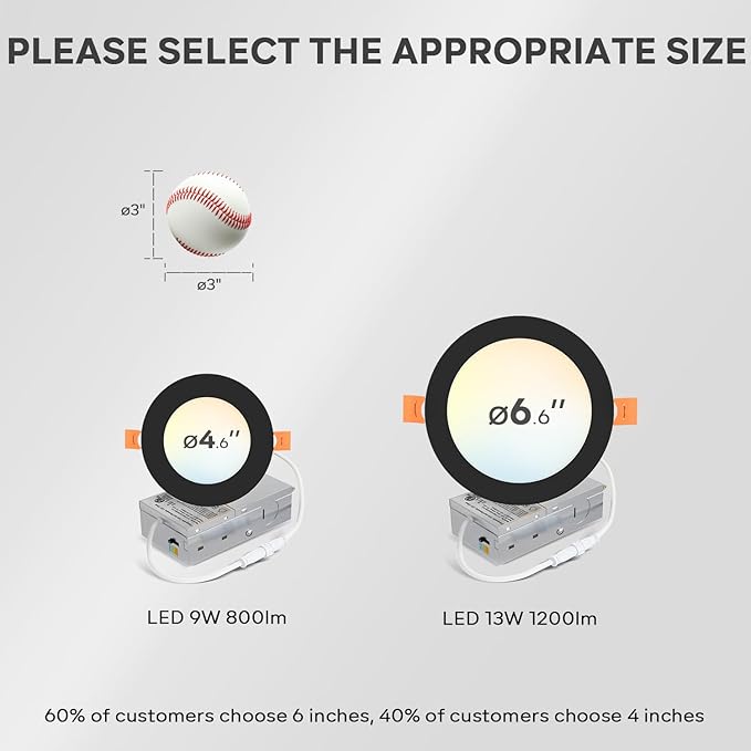 LVWIT Ultra-Thin Recessed Lighting 4 Inch with Junction Box, 800LM 2700K-5000K 5CCT LED Ceiling Lights, Dimmable Canless Wafer Downlight, ETL,FCC&IC, Smooth Trim, 6 Pack Black