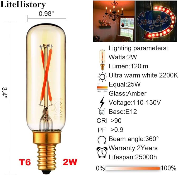 LiteHistory Dimmable T6 led Bulb 25W Candelabra led 2200K Amber 120lm 2W e12 T25 led Bulb 6Pack