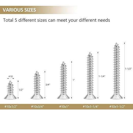 112 Pieces #10 x 1/2" 3/4" 1" 1-1/4" 1-1/2" Phillips Countersunk Head Self-Tapping Screws, Wood Screws Assortment Kit, 304 Stainless Steel