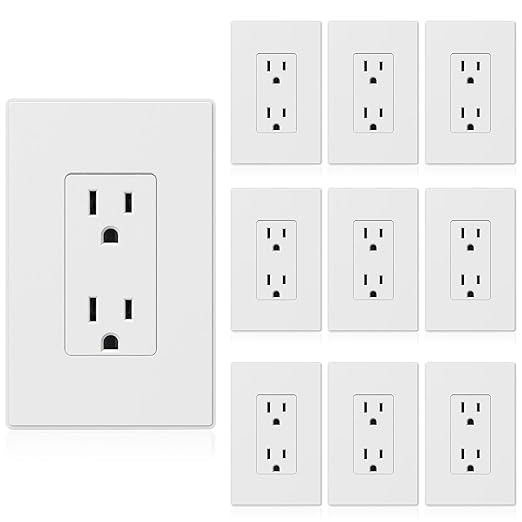 ELEGRP Matte White Standard Decorator Electrical Wall Receptacle Outlet, 15A 125V, 2 Pole 3 Wire, Non-Tamper Resistant, NEMA 5-15R, Self-Grounding, Mid Wall Plate Included, UL Listed (10 Pack)