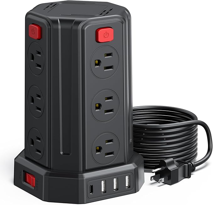 Power Strip Surge Protector, 10 Ft Extension Cord with 12 AC Multiple Outlets 4 USB (1 USB C), SMALLRT Power Tower Desktop Charging Station (Black, 10 FT)