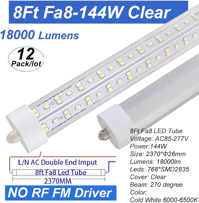 8Ft Led Ballast Bypass Bulbs Single Pin 144W, F96t12 Replacement Single Pin FA8 8 Foot Led Shop Lights, T8 T0 T12 Tube Lights 6500K Clear Cover NO RF FM Interference 12PACK
