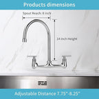 Wall Mount Kitchen Faucet with 8" Gooseneck Swivel Spout, 8 Inch Center Commercial Kitchen Sink Faucet 2 Handle Wall Mount Utility Sink Faucet for Kitchen Restaurant Compartment Sink