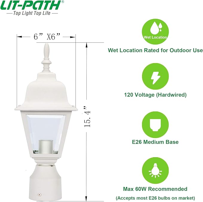 LIT-PaTH Outdoor Post Lighting Fixture Pole Lantern, E26 Medium Base Max 60W, Aluminum Housing Plus Clear Glass, Bulb Not Included, Matte White Finish, 2-Pack