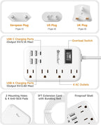 European Travel Plug Adapter, US to Europe Travel Power Strip with 6 USB(2 USB C) 4 Outlets, International Universal Travel Power Adapter with 3ft Extension Cord for EU UK France Italy Germany Cruise