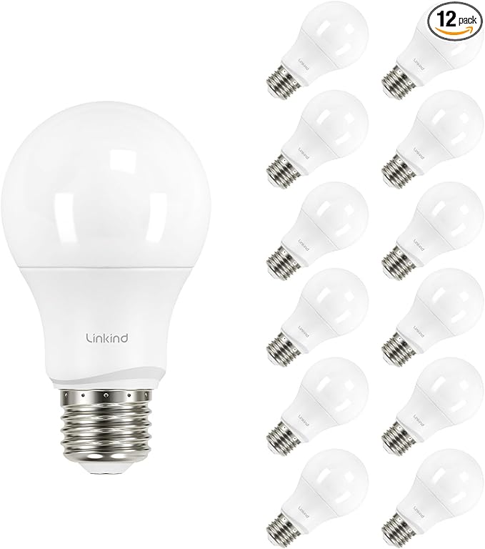 Linkind A19 LED Light Bulbs Dimmable, 60W Equivalent Light Bulbs, E26 Base, 5000K Daylight, 9.5W 840 Lumens 120V, UL Listed FCC Certified, LED Lights for Bedroom Living Room Home Office, 12 Packs